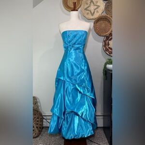 Jessica McClintock Gunne Sax Size 5 Dress Strapless Turquoise Blue Satin 90’sY2K